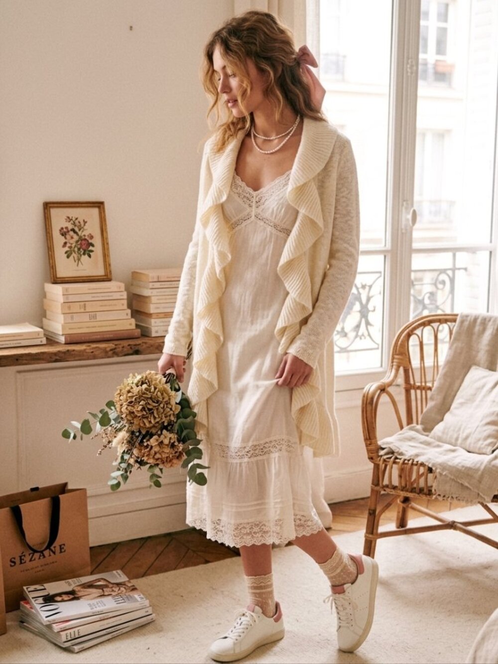 INC Cream Ruffle Open Front Cardigan Romantic Lightweight Sweater S